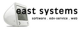 "Logo von East Systems mit altem Computer, Text: Software, EDV-Service, Web."
