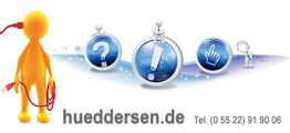 Figur mit Kabel neben Symbolen für Frage, Ausrufezeichen und Klick, hueddersen.de, Tel. 05522 919006.