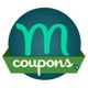 Green "m coupons" logo on a dark blue circle with a green banner below.