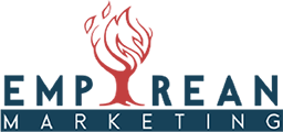 Logo with red triangle and blue text: "Empower Marketing."