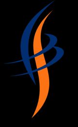 Logo abstracto en azul y naranja sobre fondo negro.