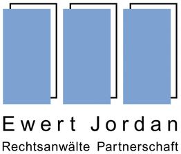 Drei blaue Rechtecke mit dem Text "Ewert Jordan Rechtsanwälte Partnerschaft" unten.