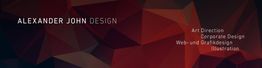 Abstrakter Hintergrund mit Schriftzug "Alexander John Design" und Design-Dienstleistungen.