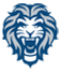Stylized illustration of a roaring lion with a detailed mane in blue and white tones.