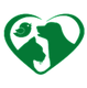 Icono verde de siluetas de perro, gato y pájaro dentro de un corazón.