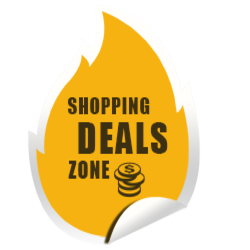 Yellow flame icon with "Shopping Deals Zone" text and coin symbol at the bottom.