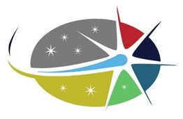 Abstraktes Logo in bunten Farben mit Sternen und dynamischen Linien in einem ovalen Design.