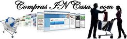 Ilustração de carrinho de compras, páginas web e pessoas comprando. Texto: Compras JN Casa.com.