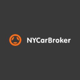Logo of "NYCarBroker" with an orange emblem resembling a steering wheel on a gray background.