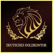 Goldenes Löwen-Emblem mit Schriftzug "Deutsches Goldkontor" auf braunem Hintergrund.
