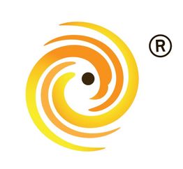 Abstraktes gelb-oranges Wirbel-Logo mit schwarzem Punkt, daneben ein ®-Zeichen auf Weiß.