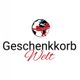 Logo mit einer Weltkugel, roter Schleife und dem Text "Geschenkkorb Welt" in Schwarz und Rot.