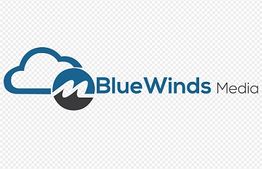 BlueWinds Media logo with cloud and mountain graphic in blue and black.