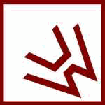 Rotes, abstraktes geometrisches Logo auf weißem Hintergrund in einem roten Rahmen.