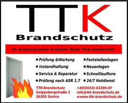 TTK Brandschutz, Services: Wartung, Instandhaltung, Reparatur. Kontaktdaten unten rechts.