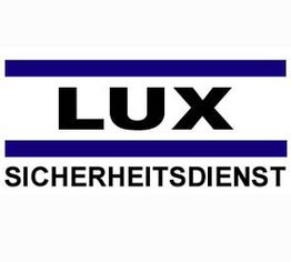 Logo mit der Aufschrift "LUX Sicherheitsdienst" in schwarzer und blauer Schrift.