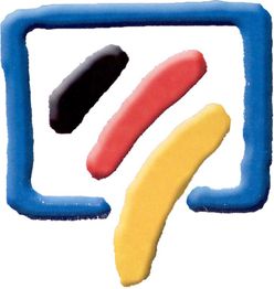 Blauer Rahmen mit schwarzen, roten und gelben Linien darin, auf weißem Hintergrund.