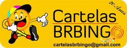 Imagem amarela com mascote alegre e texto: Cartelas BRBingo, email e "20 Anos".