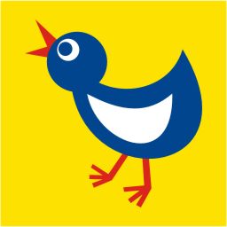 Blauer Vogel mit weißem Bauch und rotem Schnabel auf gelbem Hintergrund.