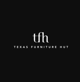 Logo of Texas Furniture Hut with acronym "tfh" on a black background.