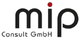 Logo der mip Consult GmbH mit stilisiertem Schriftzug und rotem Punkt über dem "i".
