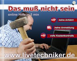 Mann mit Hammer vor Laptop, Text: "Das muß nicht sein", Online-Hilfe in 5 Min.
