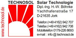 TECHNOSOL Solar Technologie Visitenkarte mit Kontaktdaten und rotem Logo.