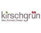 Logo mit dem Text "kirschgrün" und Motto "Idee, Konzept, Design" in stilisierter Schrift.