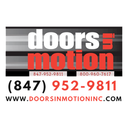 "Doors in Motion logo with contact numbers and website: doorsinmotioninc.com."