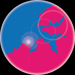 Esfera abstracta en azul y rosa con formas irregulares y un punto luminoso central.