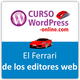 Curso de WordPress online con logo, ratón rojo y Ferrari en fondo azul y blanco.
