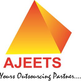 Logo with an orange gradient triangle above the word "AJEETS" and "Yours Outsourcing Partner...".