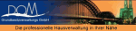 Logo der DOM Grundbesitzverwaltung GmbH mit Brücken- und Stadtmotiv. Slogan: „Professionelle Hausverwaltung".