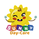 Smiling sun with blocks spelling "SUNNY Day-Care" and small hands waving, cartoon-style logo.