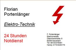 Visitenkarte von Florian Portenlänger, Elektro-Technik, Blitzsymbol, 24h Notdienst, Kontaktdaten.