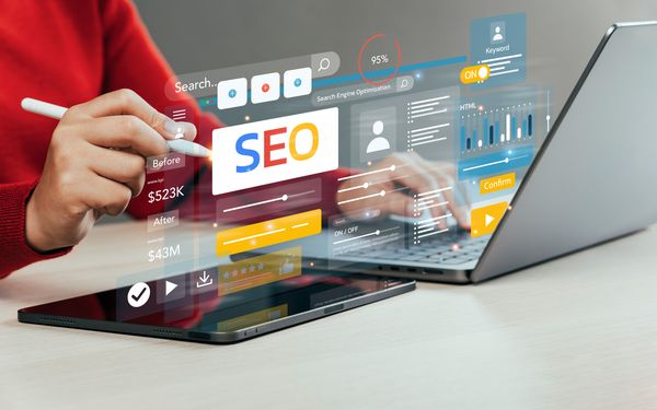 Person arbeitet mit Laptop und Tablet an einer digitalen Oberfläche für Suchmaschinenoptimierung und Online-Marketing.