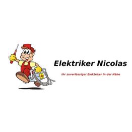 Cartoon-Elektriker mit Werkzeug, Text: "Elektriker Nicolas, Ihr zuverlässiger Elektriker in der Nähe".