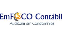Logo "EmFOCO Contábil", texto: "Auditoria em Condomínios". Símbolo de cifrão no "O".