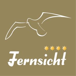 Abstrakter Vogel über Schriftzug "Fernsicht" mit vier gelben Sternen auf braunem Hintergrund.