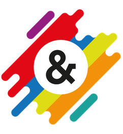 Logo avec des bandes colorées et le symbole "&" au centre.