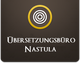 Logo mit Kreissymbol und Text "Übersetzungsbüro Nastula" auf braunem Hintergrund.