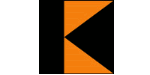 Schwarzes "K" auf weißem Hintergrund, teils mit orangefarbenen Dreiecken gefüllt.