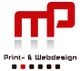 Rotes Logo mit den Buchstaben "mp". Text darunter: "Print- & Webdesign", Farbpalette darunter.