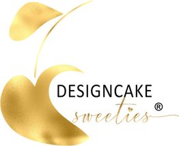 Goldenes Kirsch-Logo mit Text: "Designcake Sweeties".