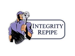 Illustration of a plumber holding a wrench, next to the text "INTEGRITY REPIPE."