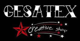Logo von Gesatex Creative Shop, weißer und roter Text mit roten Sternen auf schwarzem Hintergrund.
