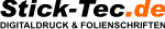 Logo von Stick-Tec.de, spezialisiert auf Digitaldruck und Folienschriften, mit schwarzem und orangefarbenem Text.
