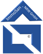 Blaues ImmoSan-NRW GmbH-Logo mit stilisiertem Haus und eingetragenem Markenzeichen-Symbol.