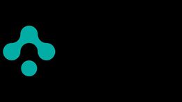 Logo turquesa con forma abstracta en fondo negro.