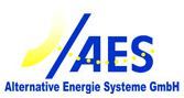 Logo mit blauem Text "AES", gelber Halbkreis und kleine Sterne. Text: Alternative Energie Systeme GmbH.